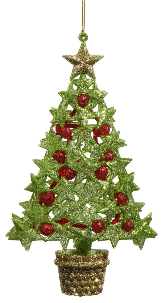 This image shows a glitter ornament designed to look like a Christmas tree with a gold star on top. The tree leaves are made up of green stars with red circular berries. The base of the tree is gold.