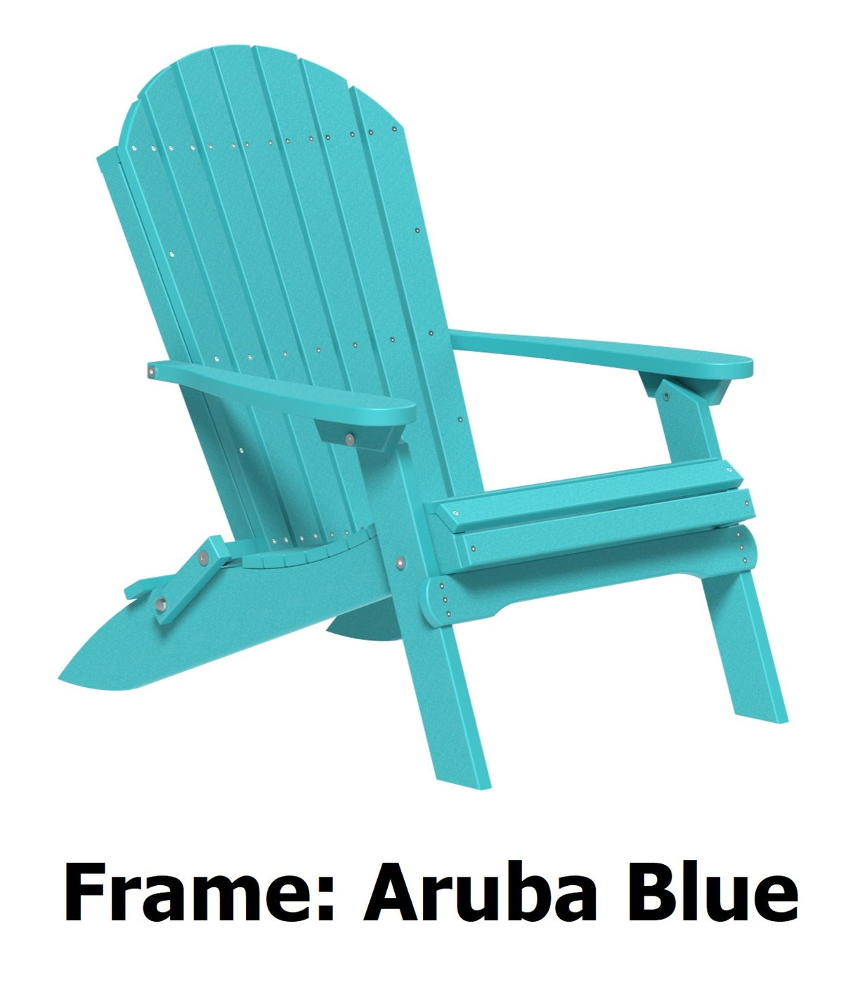 An adirondack chair on a white background. It reads "Frame: Aruba Blue."