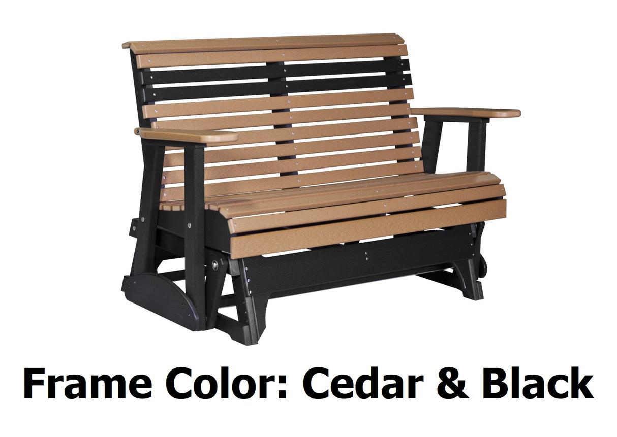 A glider bench on a white background. It reads "Frame Color: Cedar and Black."