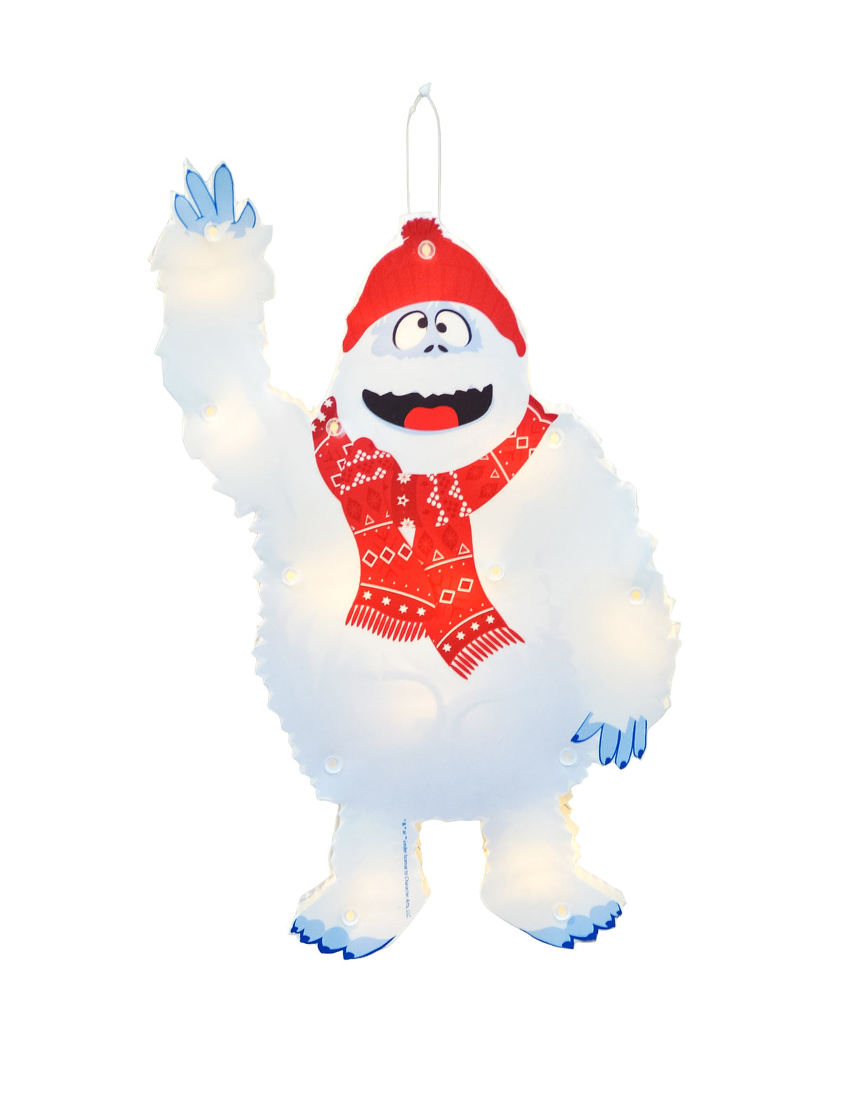 This image shows the Bumble decoration on a white background. Bumble has white fur and blue hands and feet. He's wearing a red winter hat and a red scarf with intricate white designs on it.
