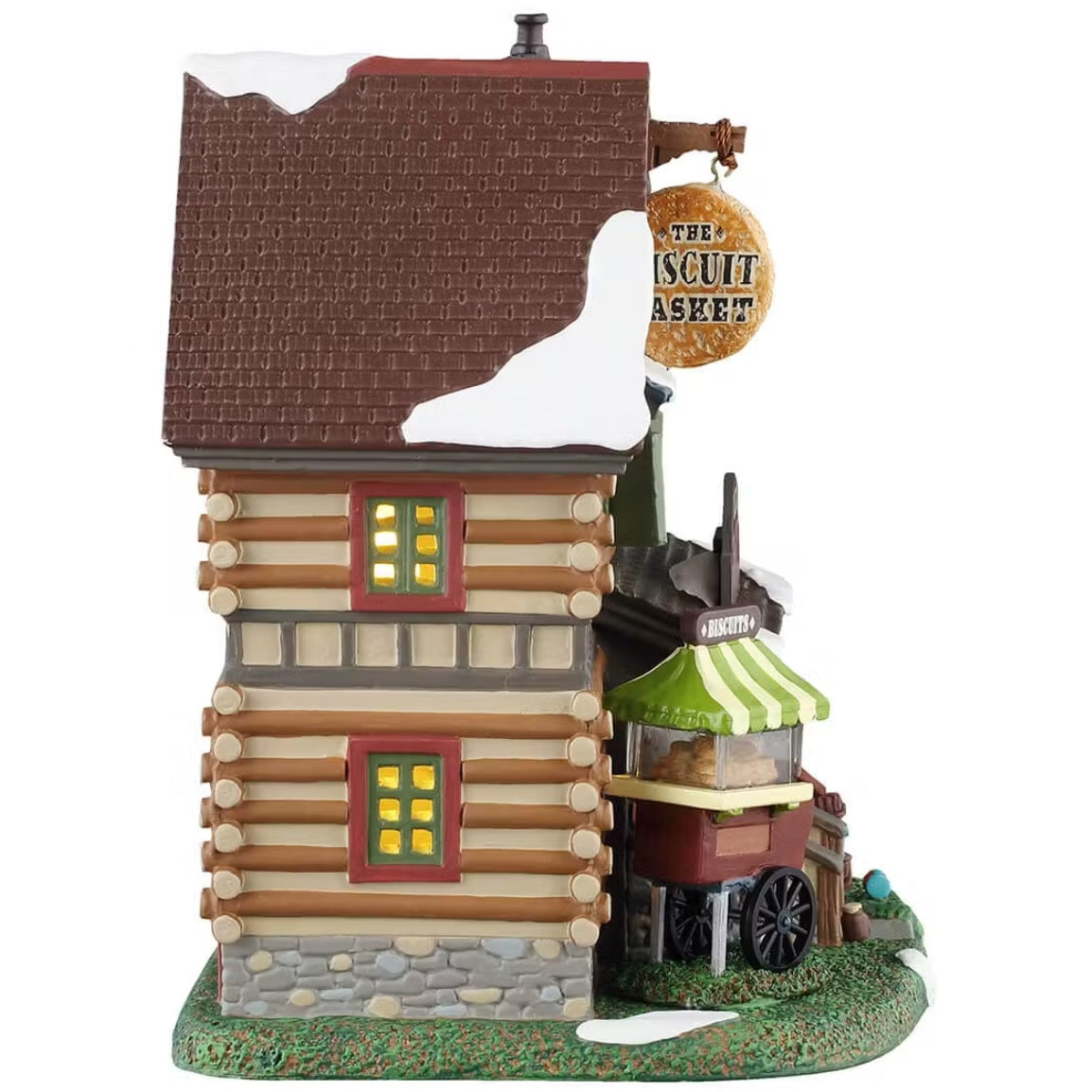 This is the other side of the building. You can see light coming through the two windows. There's a cart full of biscuits on the front lawn. The awning of the cart is lime green and pale yellow striped.