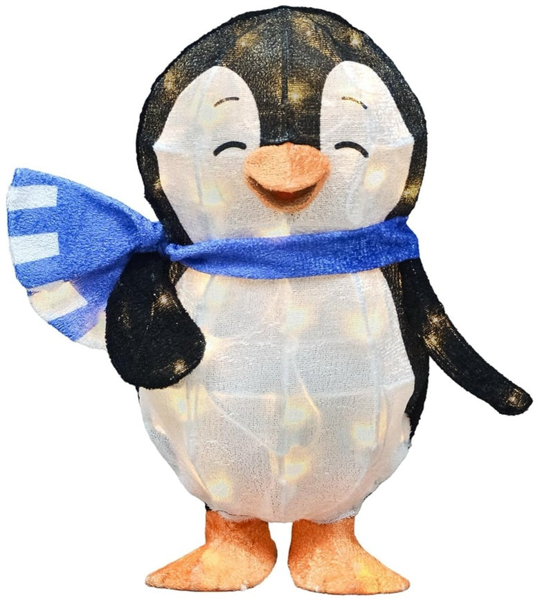 This image shows Waddles the penguin sculpture on a white background. The penguin is black and white with a cute expression on his face. His feet are orange. He's wearing a periwinkle and white striped scarf. The LED lights inside are turned on.