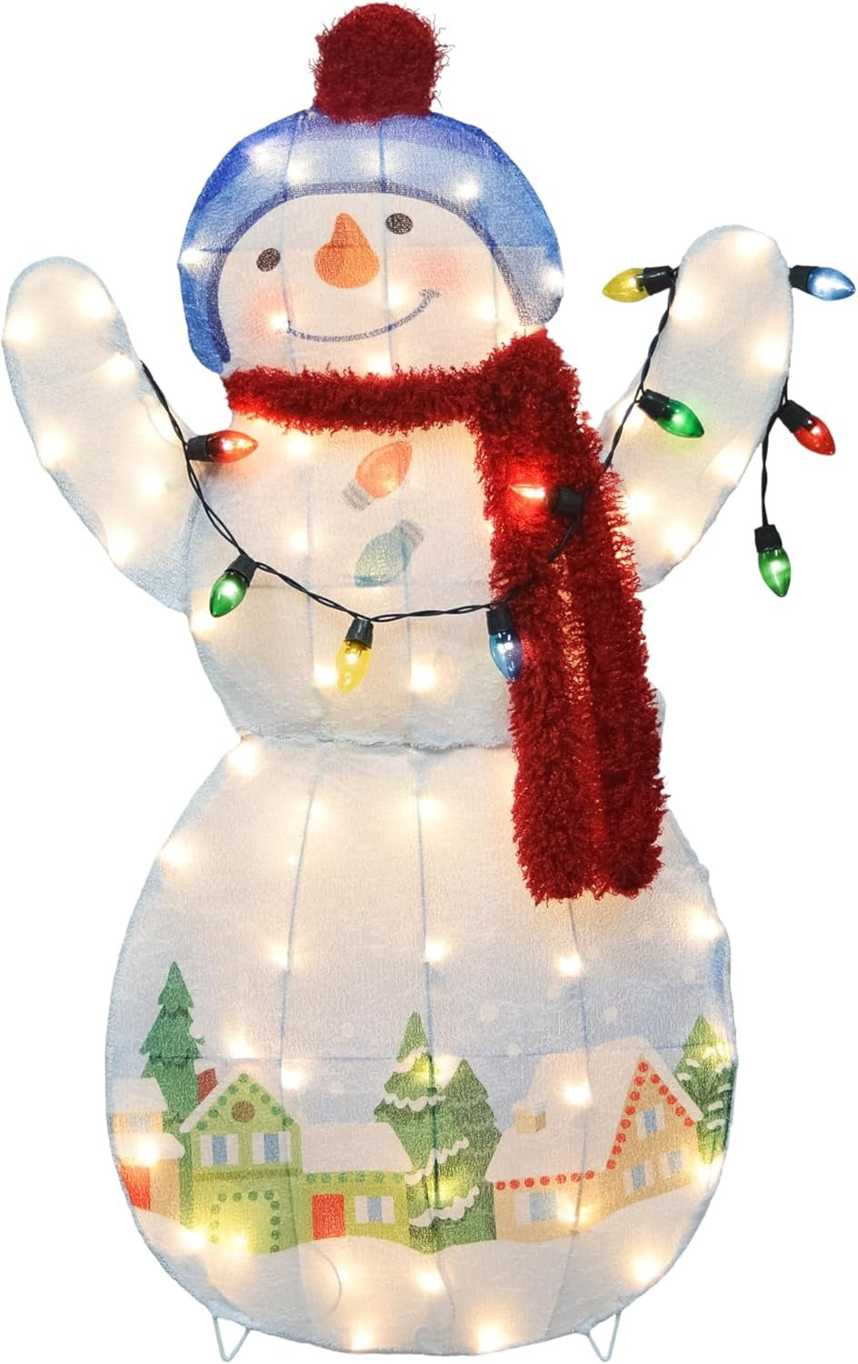 This image shows the snowman sculpture decoration on a white background. The lights inside the snowman are turned on.