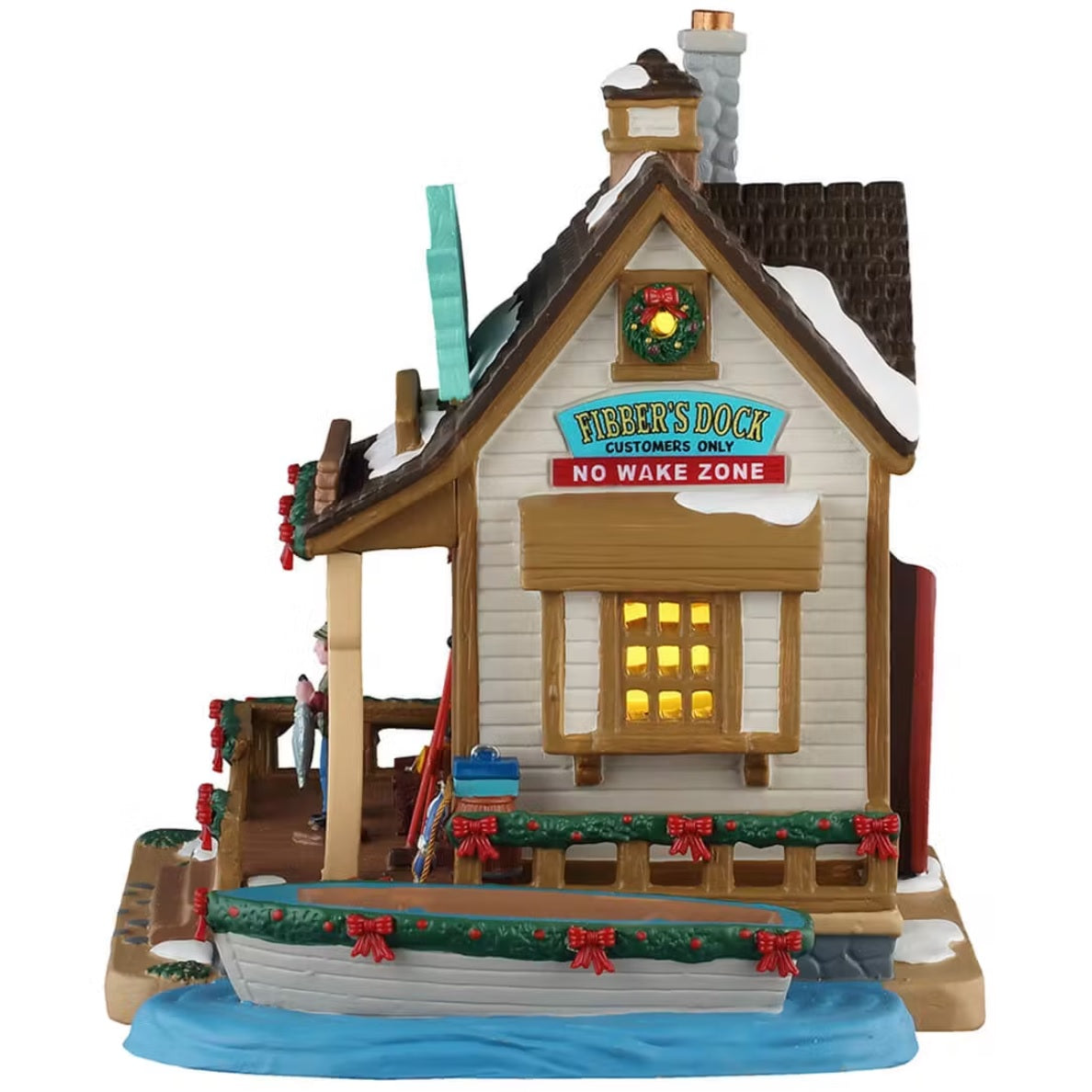 This is the side of the building. There are decorated garlands and wreaths decorating the shack. There's a sign above the window that reads "FIBBER'S DOCK. CUSTOMER'S ONLY. NO WAKE ZONE." There's a boat floating on the water outside the deck.