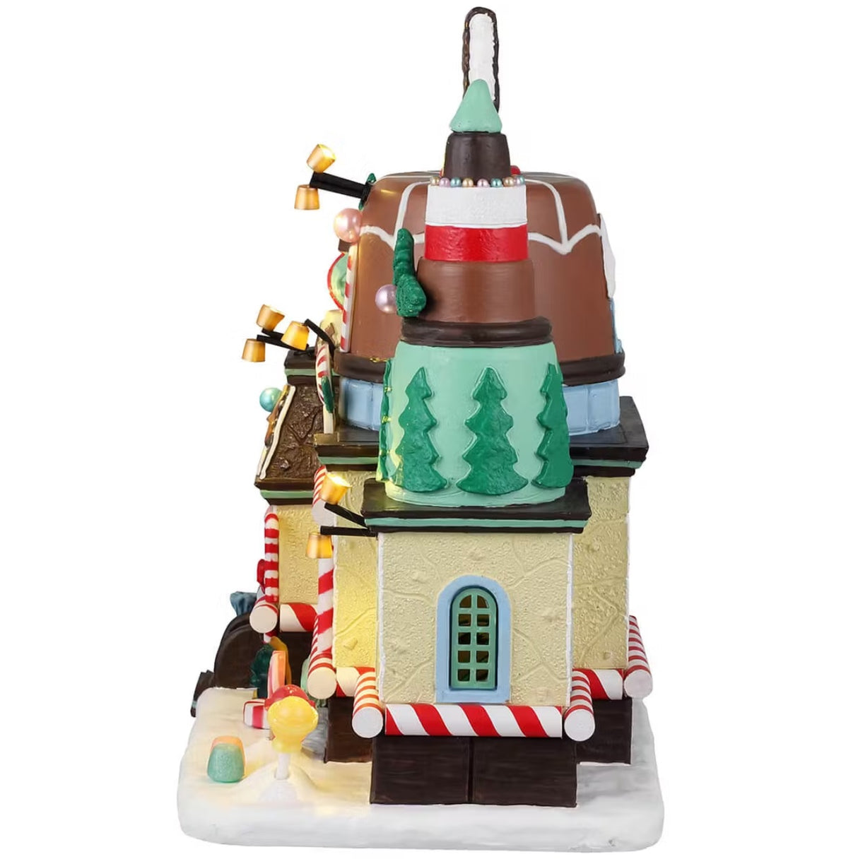 This is the side of the building. There are green frosting tree decorations.