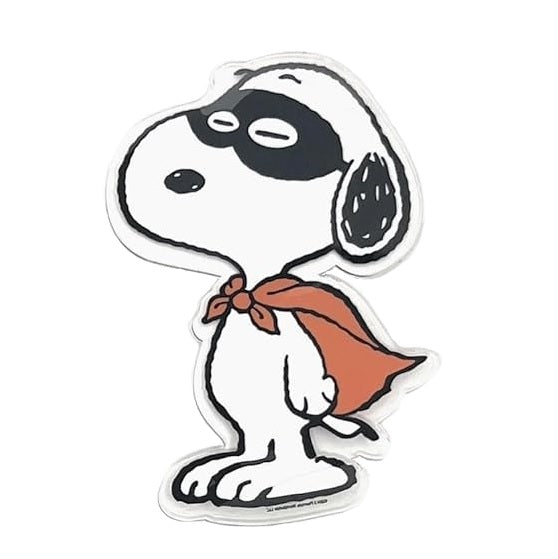 This image shows one of the gel clings. It's designed to look like Snoopy wearing a black eye mask and a red cape.
