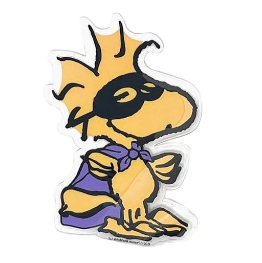 This image shows one of the gel clings. It's designed to look like Woodstock wearing a black mask and a purple cape.