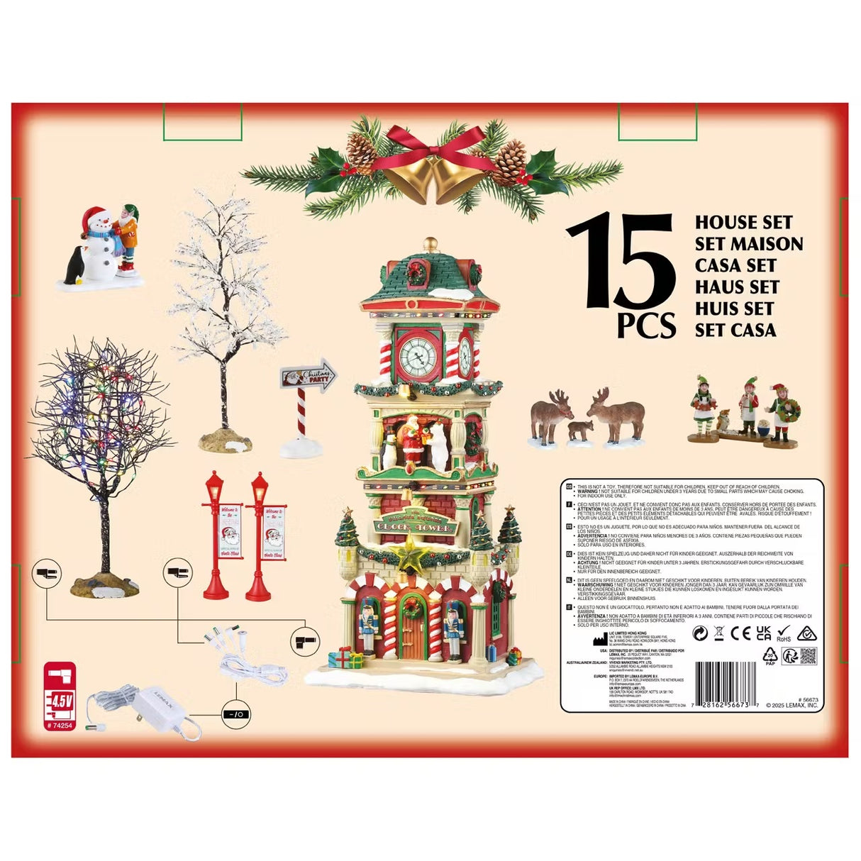 This is the back of the box showing all the pieces that come with it. There's seven figurines, two trees, two lamp posts, one village sign, a large clock tower and two adaptors.