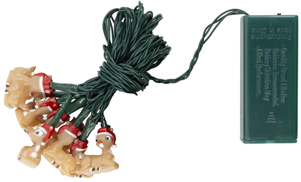 This image shows the string of Rudolph lights along with the battery box attached to them.