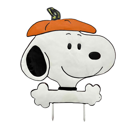 This is a close up view of the pumpkin press-in decoration. It's designed to look like Snoopy wearing the top of a pumpkin as a hat.