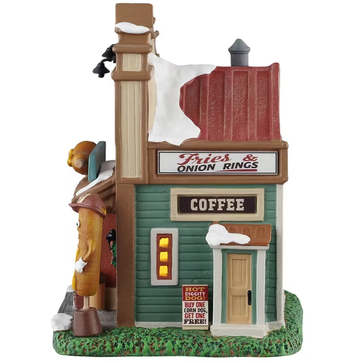 This is the other side of the building. There are signs that read "FRIES & ONION RINGS" and "COFFEE" and "HOT DIGGITY DOG! BUY ONE CORN DOG, GET ONE FREE!"