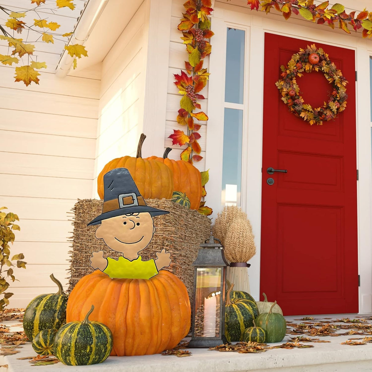 This is a lifestyle image showing it sticking out from inside a pumpkin on a porch next to a bale of hay, some gourds and a candle.