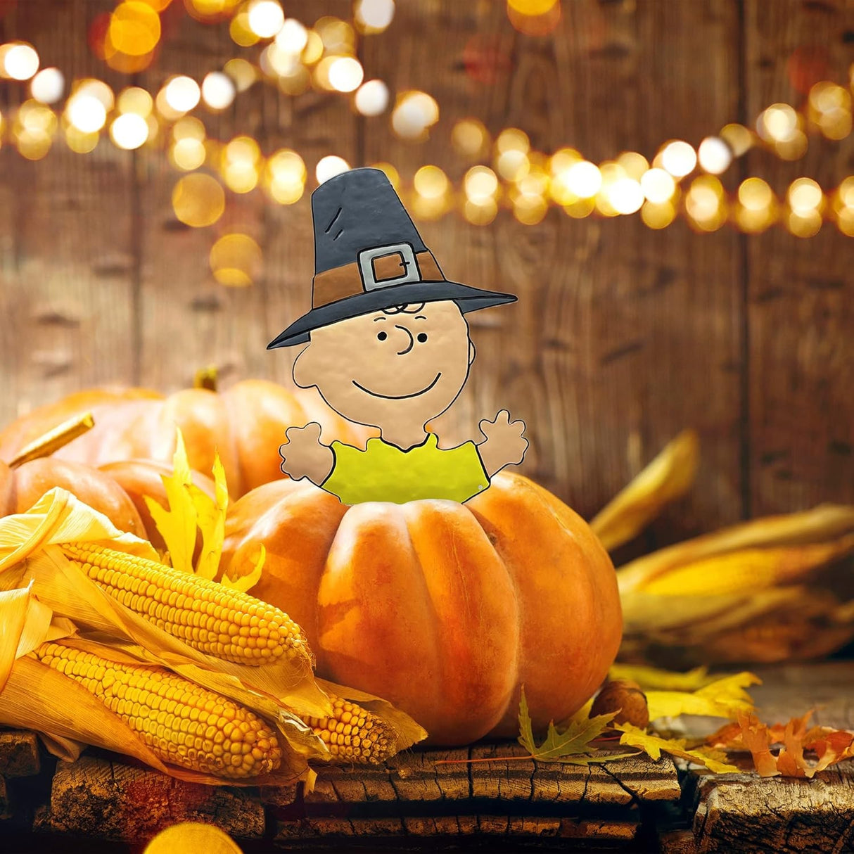 This is a lifestyle image showing this pumpkin press decoration sticking out from inside a pumpkin that's on a wooden table next to some corn on the cob. The pumpkin press in is designed to look like Charlie Brown wearing a pilgrim hat.
