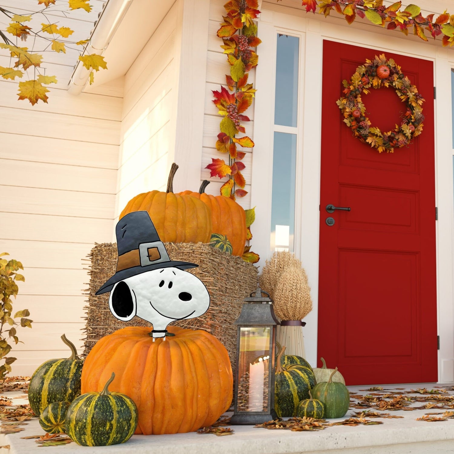 This is a lifestyle image showing it sticking out from inside a pumpkin on a porch next to a bale of hay, some gourds and a candle.