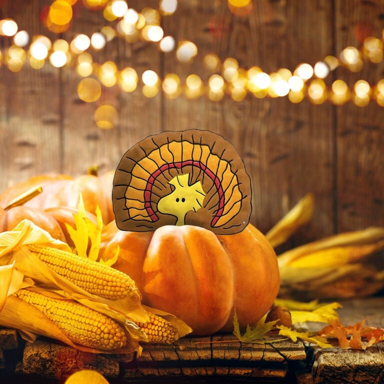 This is a lifestyle image showing it sticking out from inside a pumpkin that's on a wooden table next to some corn on the cob.