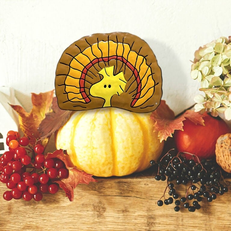 This is a lifestyle image showing it sticking out from inside a pumpkin that's on a mantle next to some red grapes, leaves and blueberries.