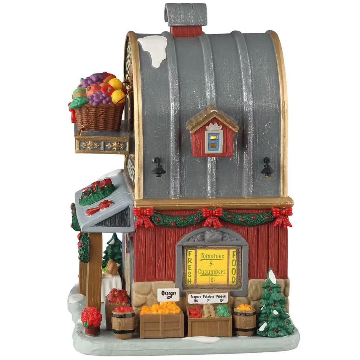 This is the side of the building. There's a yellow sign on the side that reads "FRESH FOOD: Tomatoes 5¢ and Cucumbers 10¢." There are crates of apples, oranges, peppers and potatoes.