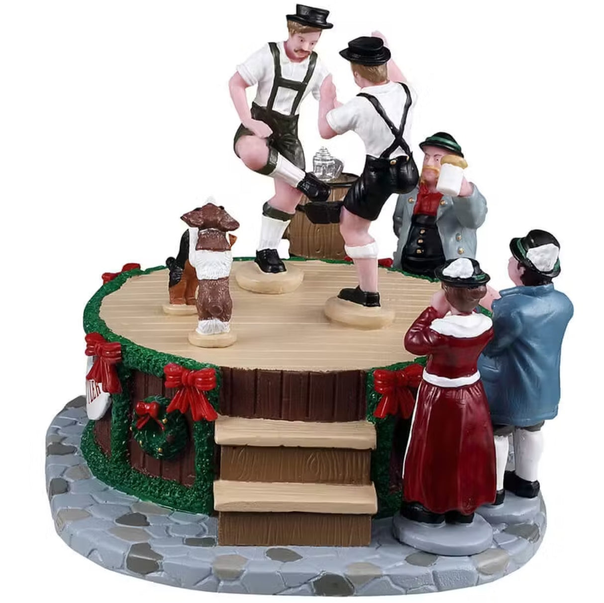 This is a different view of this Lemax piece. The men are dancing on the stage and there are two wooden steps leading up to the stage.
