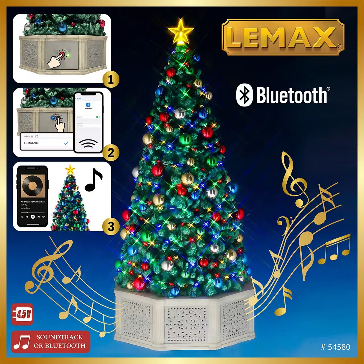 This specific tree uses Bluetooth. This image shows that you press the button on the back and you can use the Bluetooth to play whatever you want through the speakers.