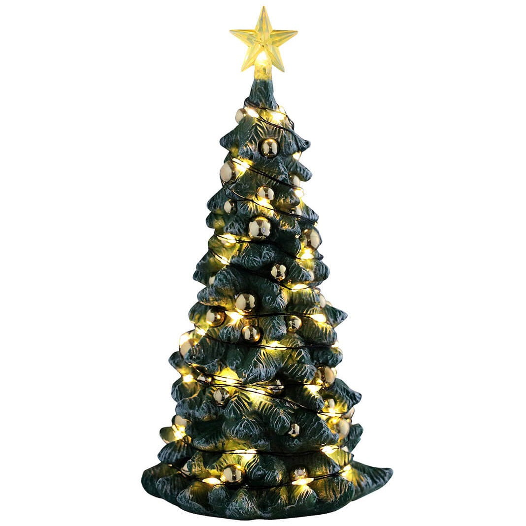 This is a Lemax tree. There's a glowing star on the top and lights throughout. There are shiny gold ornaments. The tree is lightly dusted with white to appear snowy.