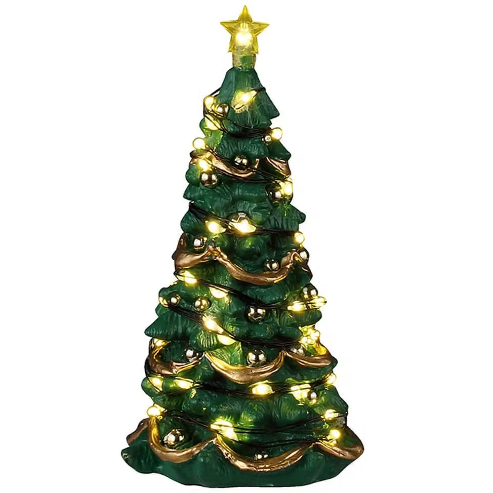 This is a Lemax lighted tree. There's a glowing star on the top, lights throughout and gold ornaments and garland.