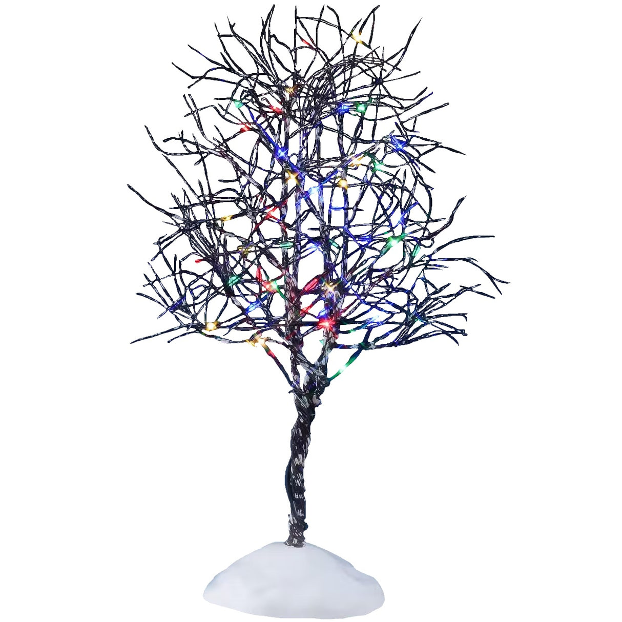 This is a Lemax lighted tree. It's pre-lit with multi-colored lights. The branches are skinny and bare and designed to look like there's snow on them. This is showing it on a white background.