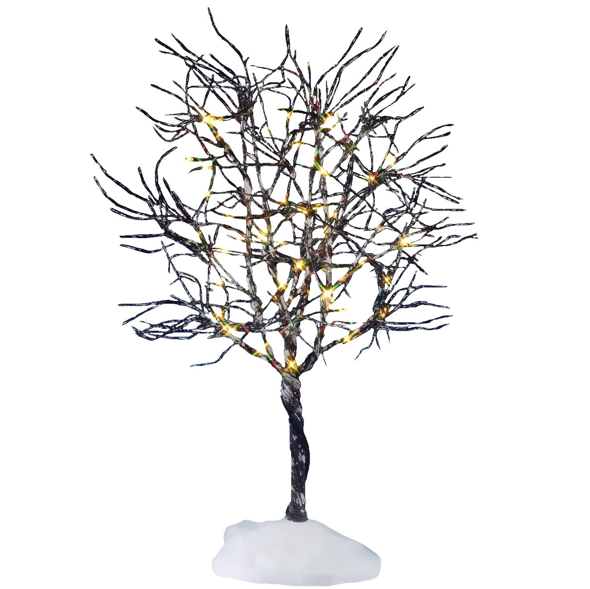 This is a lighted Lemax tree designed to look like a tree with lots of bare branches that are covered in snow. There are lights on some of the branches. This is showing the tree on a white background.