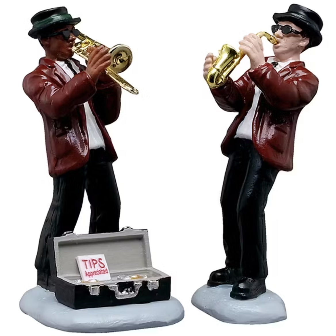 This is a set of two Lemax figurines designed to look like two men playing instruments.