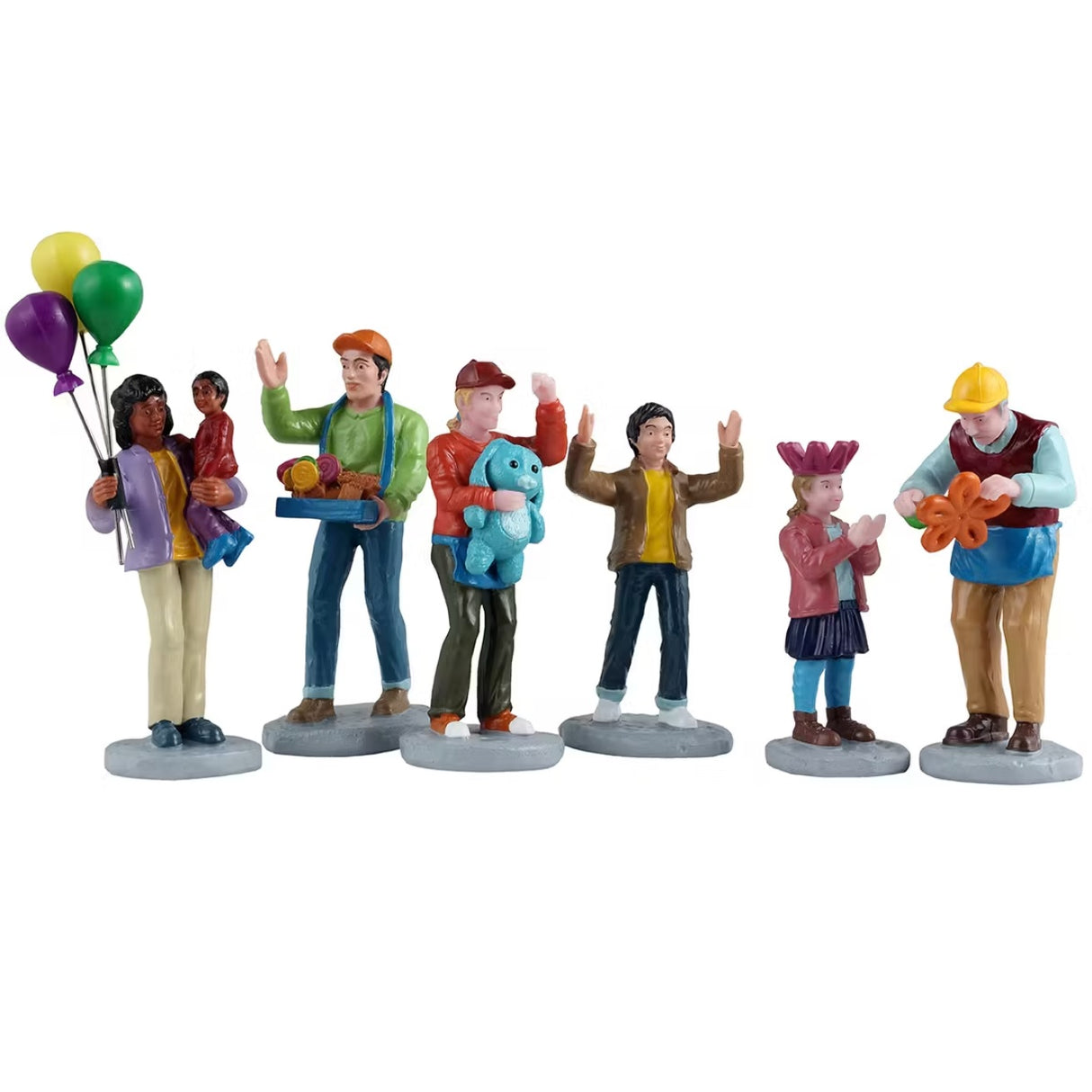 This image shows a set of six Lemax figurines. They all look like they're having fun at a carnival.
