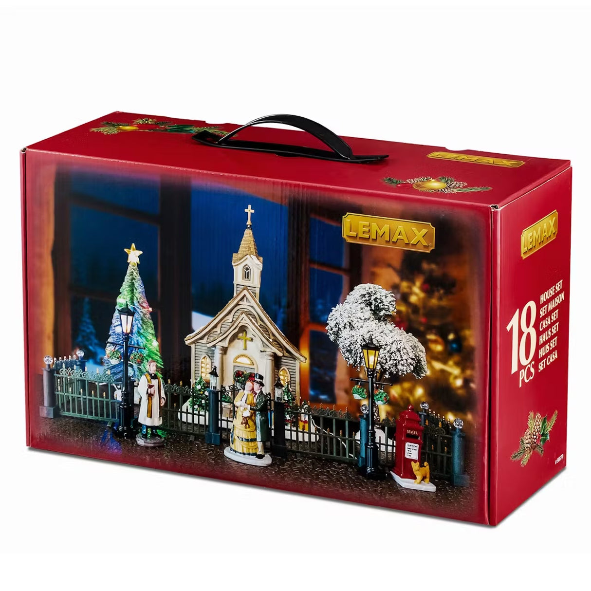 This is a Lemax Caddington Village house set. This image shows the packaging it comes in. It has 18 pieces.