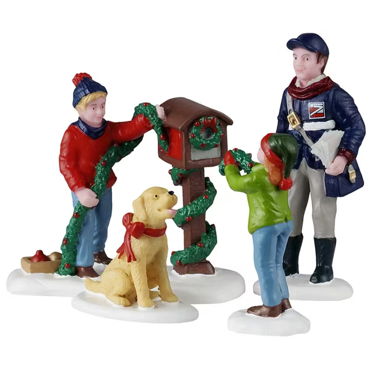 This is a set of four Lemax figurines designed to look like two kids decorating a brown mailbox with garlands and a wreath. There's a dog with a red bow and a mailman waiting to put mail in the box.