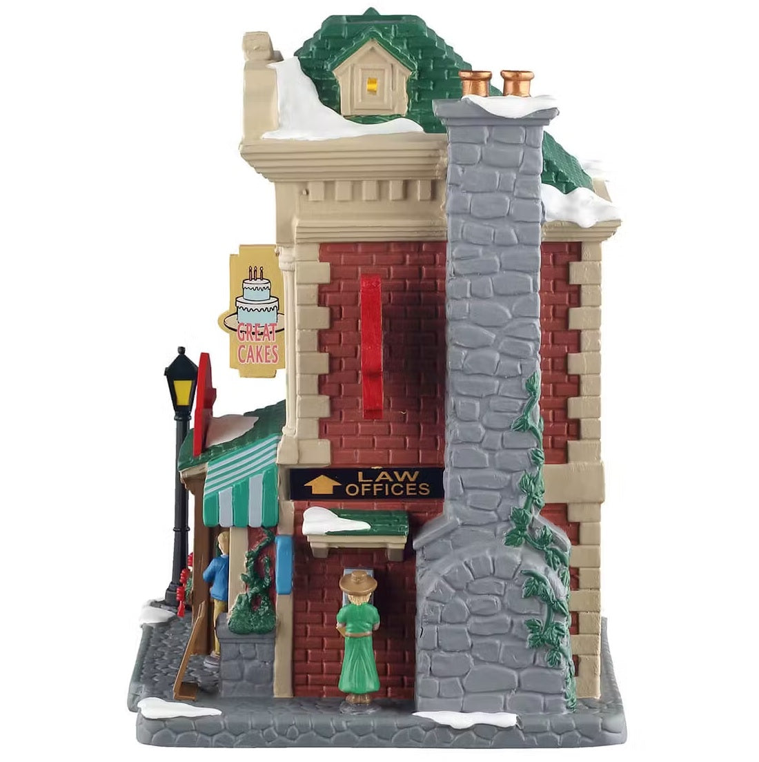 This is the side of the building. There's a gray stone chimney and a sign pointing upwards that reads "LAW OFFICES." There's ivy growing on the chimney.