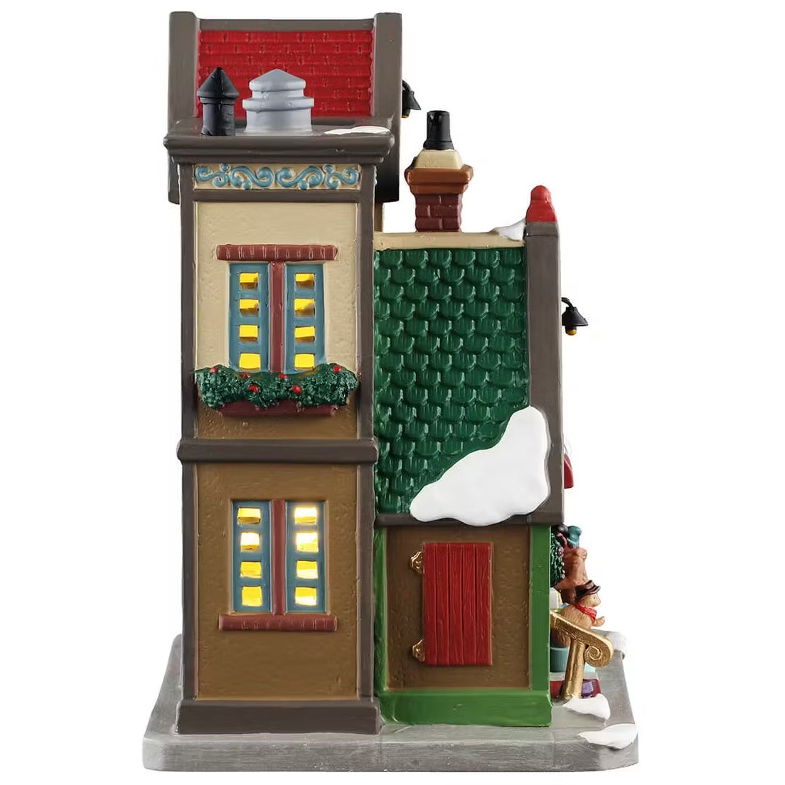 This is the other side of the building. There are two windows with light shining through.