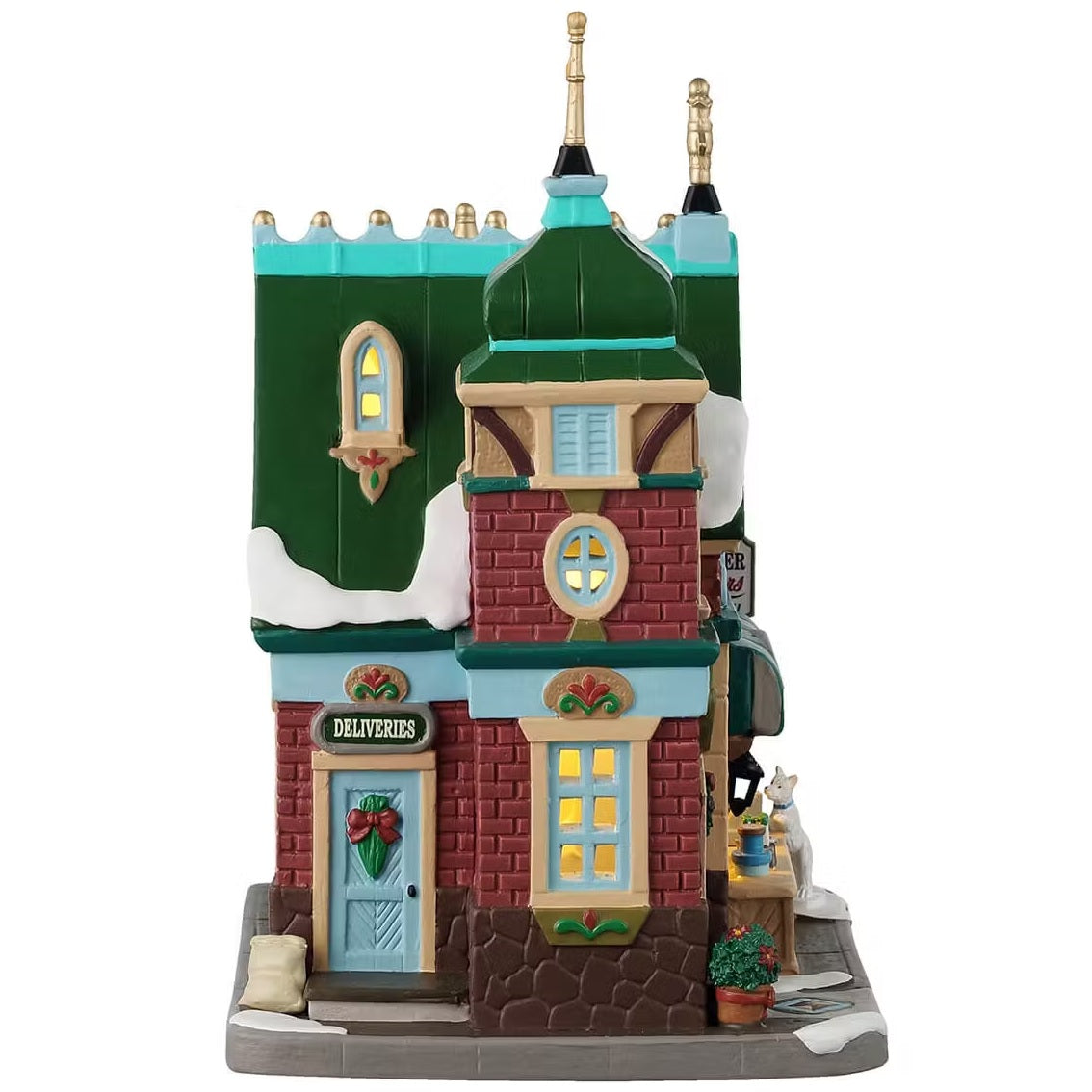 This is the side of the building. There's snow on the roof and on the sidewalk. There's a sign on the side door that reads "DELIVERIES."