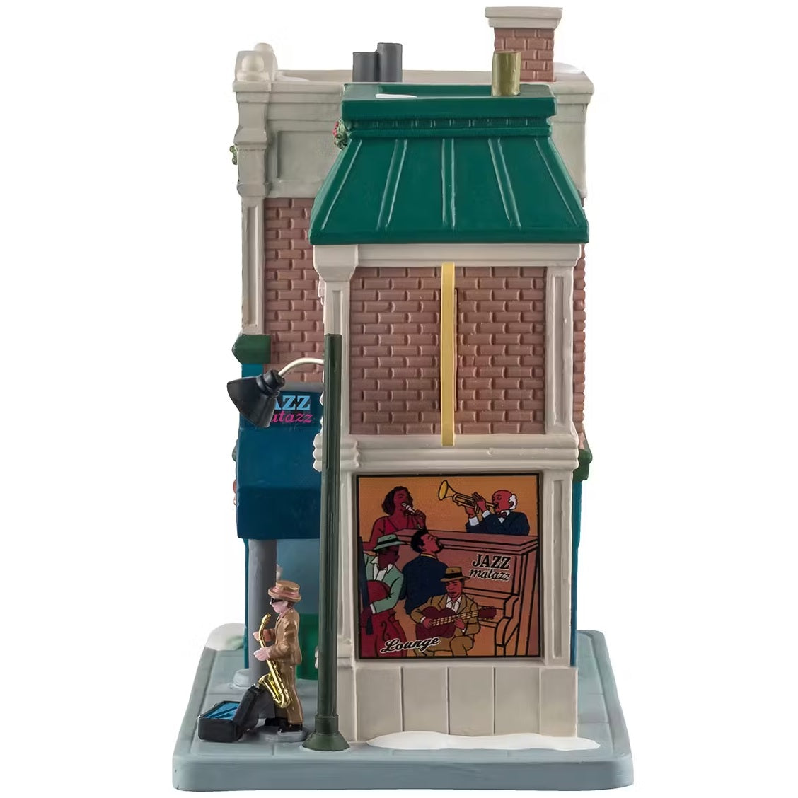 This is the side of the building. There's a painting of five people playing instruments and it reads "JAZZMATAZZ LOUNGE." There's a woman singing, a man playing the cello, a man playing the guitar, a man playing the piano and a man playing the trumpet.