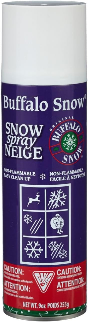 This image shows the can of Buffalo Snow Spray on a white background. It reads "Buffalo Snow. Snow Spray. Non-flammable."