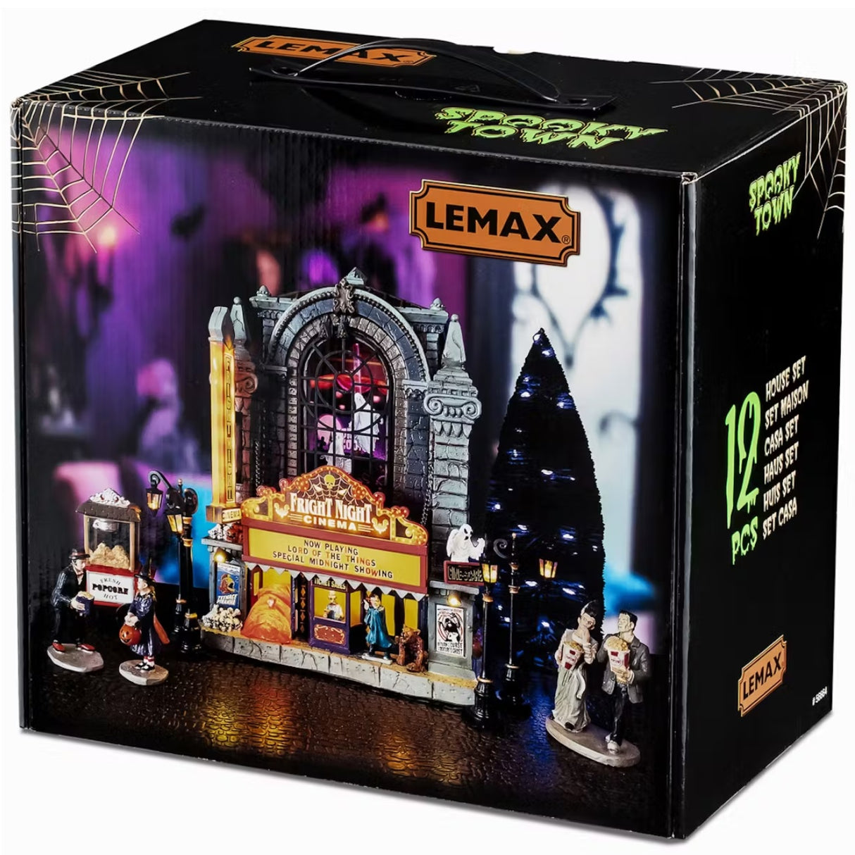 This is the box that this Lemax House Set comes in. It's showing off: four figurines, one spooky tree, four lampposts, one lighted building and two adaptors.