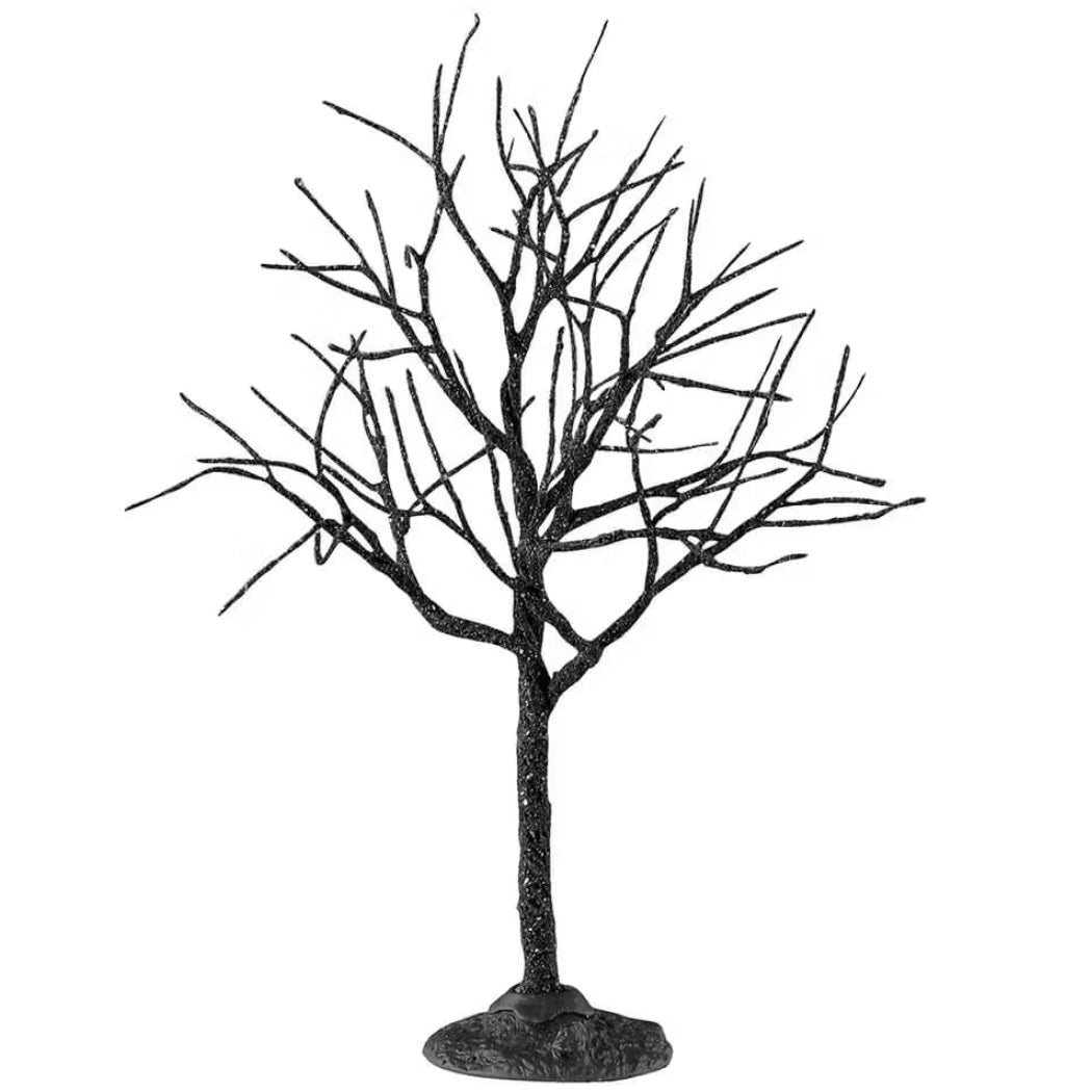 This is a small Lemax Spooky Town tree accessory. It has a lot of bare branches. The color is a dark brown with little white specks on it.