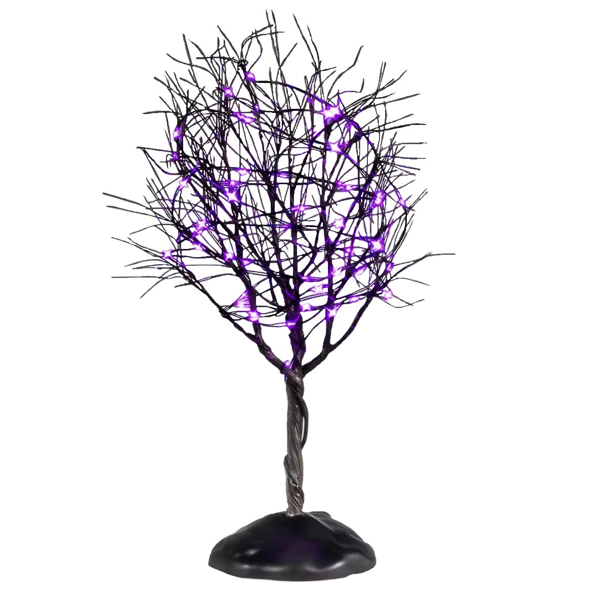 This is a Lemax Spooky Town tree that has a twisted trunk, bunches of bare branches and purple lights. This is showing it on a white background.