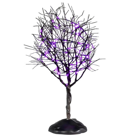 This is a Lemax Spooky Town tree that has a twisted trunk, bunches of bare branches and purple lights. This is showing it on a white background.