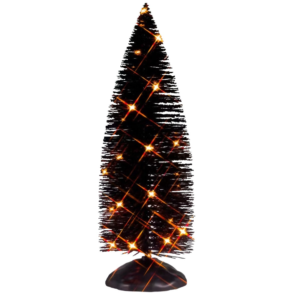 This is a Lemax Spooky Town tree with black bristle branches pre-lit with orange lights. This is showing the tree on a white background.