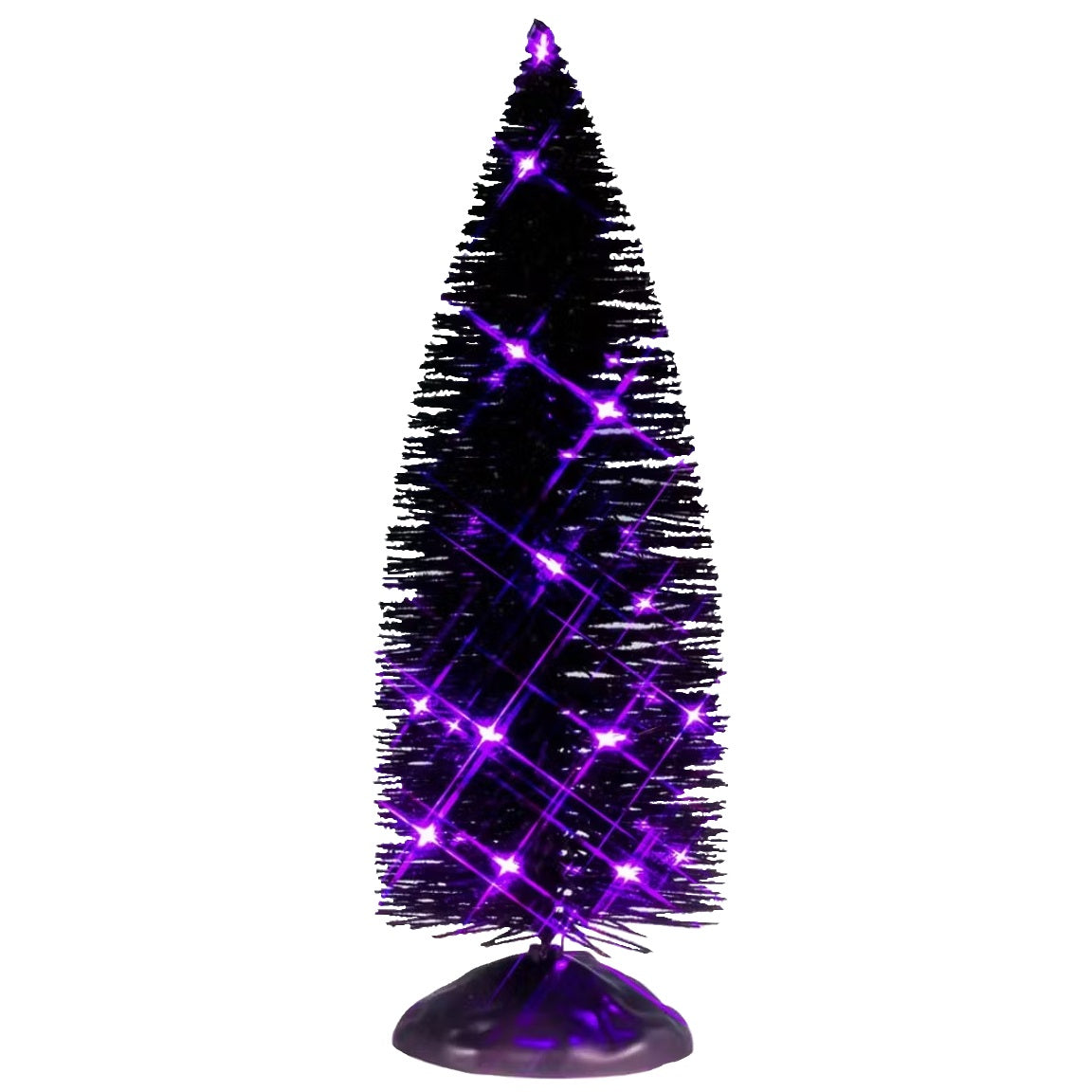 This is a Lemax Spooky Town tree with black bristle branches and it's lit up with purple lights. This is showing it on a white background.