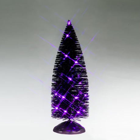 This is a Lemax Spooky Town tree with black bristle branches and it's lit up with purple lights. This is showing it on a gray background.