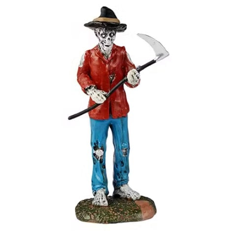 This is the skeleton holding a scythe. He's wearing a black pointy hat, a red jacket and ripped up blue jeans.