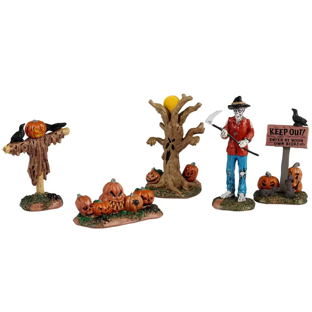 This is a set of 5 Lemax Spooky Town figurines designed to look like they're all a part of a creepy pumpkin patch. One figure is a scarecrow with a pumpkin head and has two crows on its arms. One figure shows 5 differently carved jack-o-lanterns. One figure is a creepy tree with jack-o-lanterns at the base and the moon at the top. One figure is a skeleton wearing a black hat, a red jacket and ripped jeans; he's holding a scythe. The last figure is a sign that reads "KEEP OUT! ENTER AT YOUR OWN RISK!"