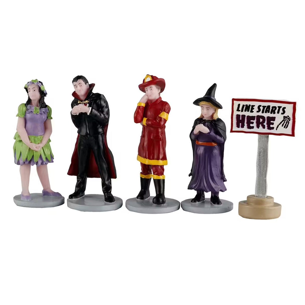 This is a set of 5 Lemax Spooky Town figurines designed to look like four kids dressed in Halloween costumes waiting in line.