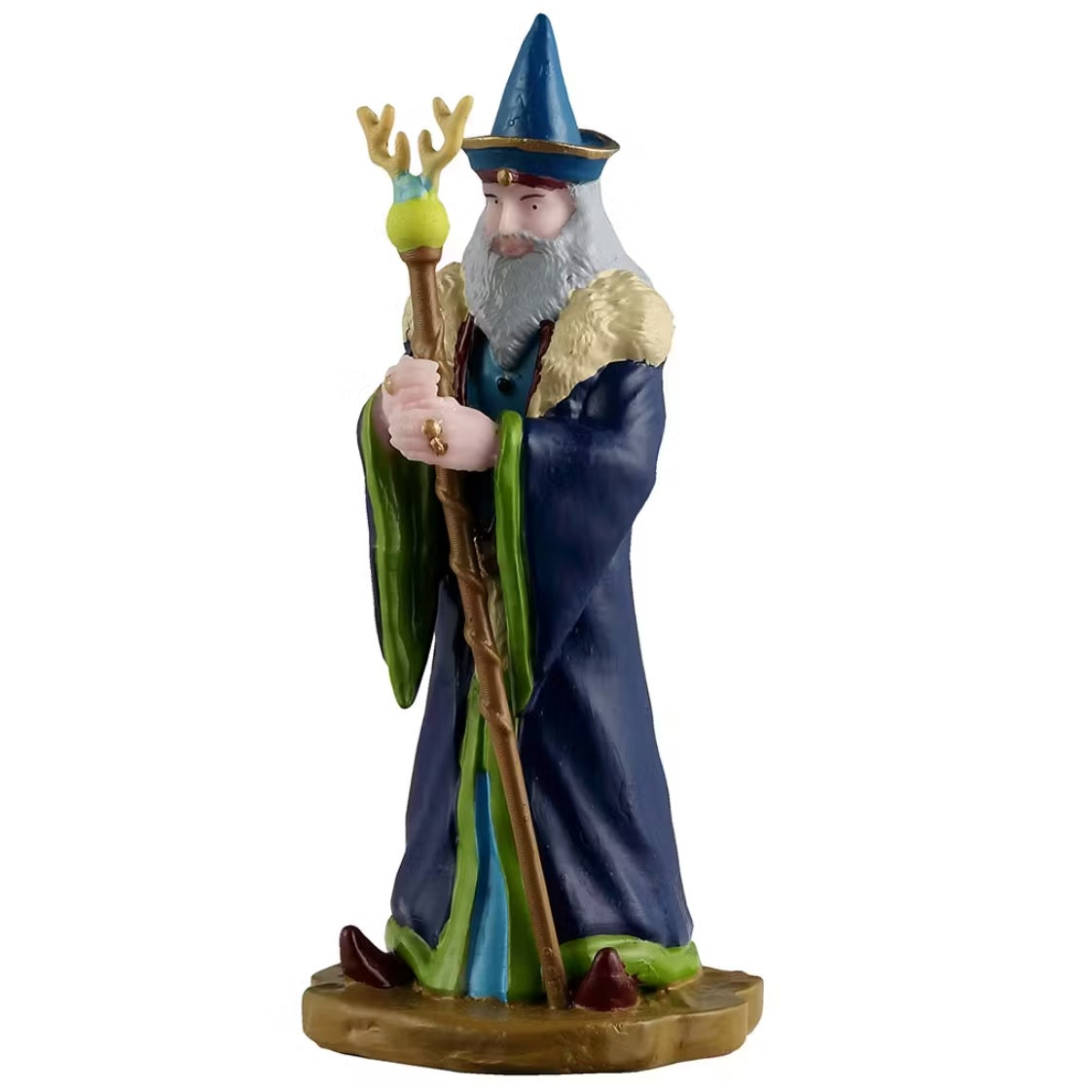 This is a Lemax Spooky Town figurine designed to look like a wizard with a long white beard. He's wearing a blue and green cloak with a matching, pointy hat. He's holding a golden staff and wearing a gold ring.