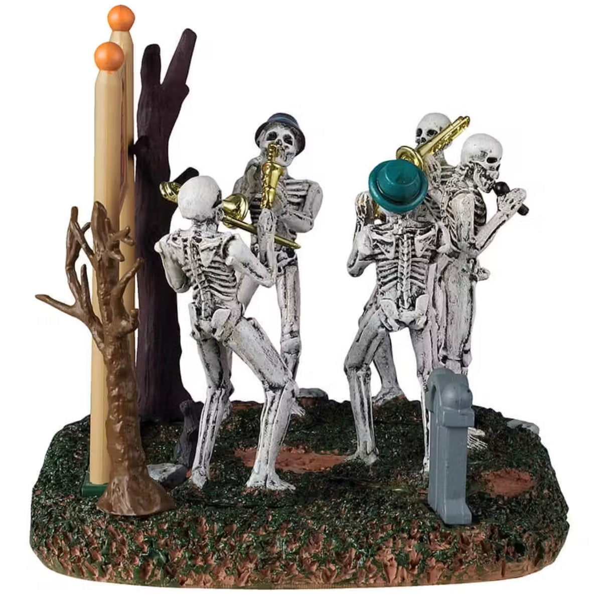 This is a different angle of this Lemax piece. Two of the skeletons are wearing hats: one is purple and one is green. The instruments they're playing are gold.