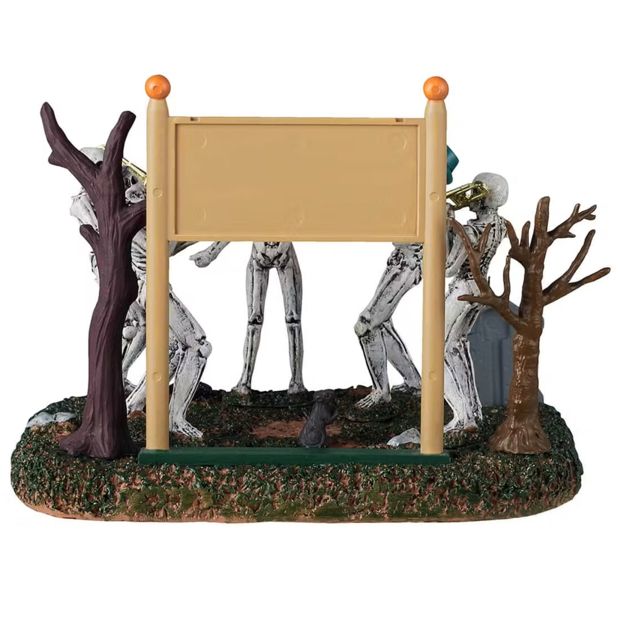 This is a different angle of this Lemax piece showing the back of the sign. You can see most of the skeletons' legs.