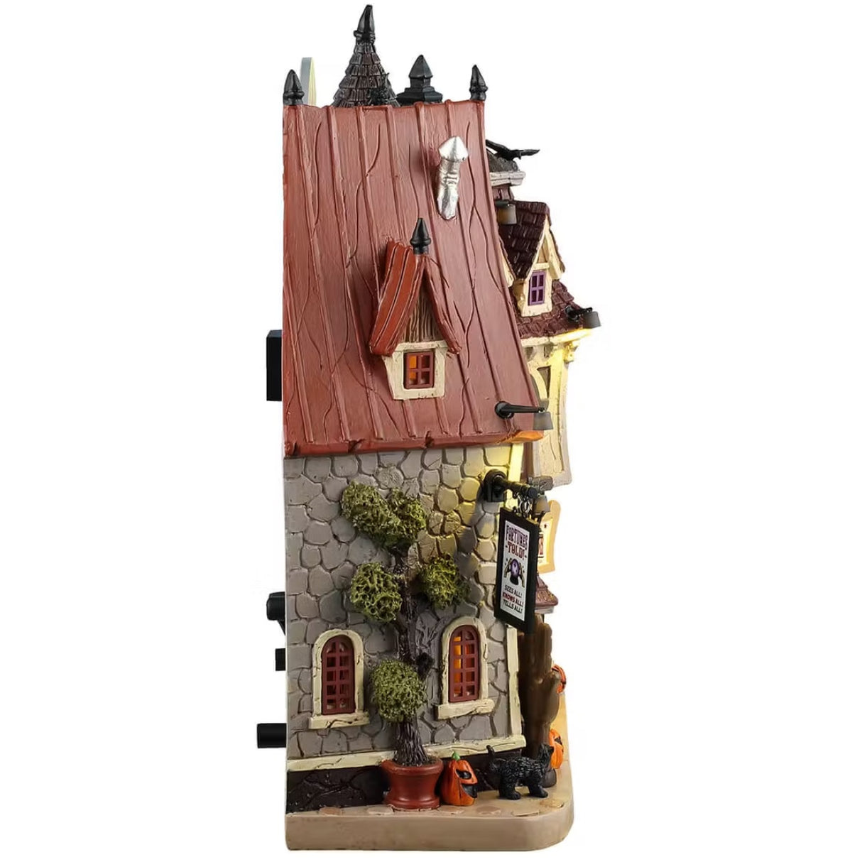 This is the other side of the mansion where you can see a potted tree, a jack-o-lantern and a black cat on the sidewalk.